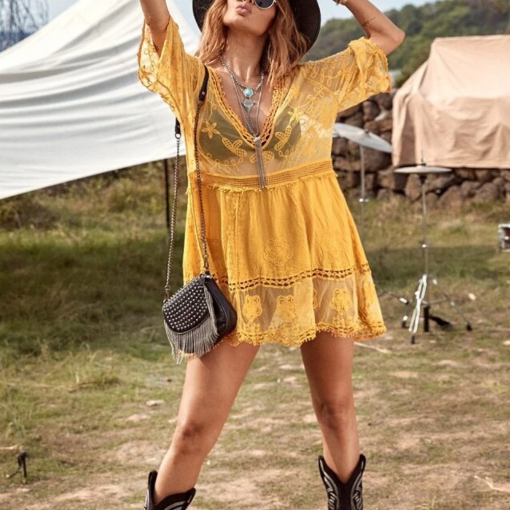 Boho Sheer Mesh Lace Deep V Neck Beach Swim Cover Up - Picture 15 of 16